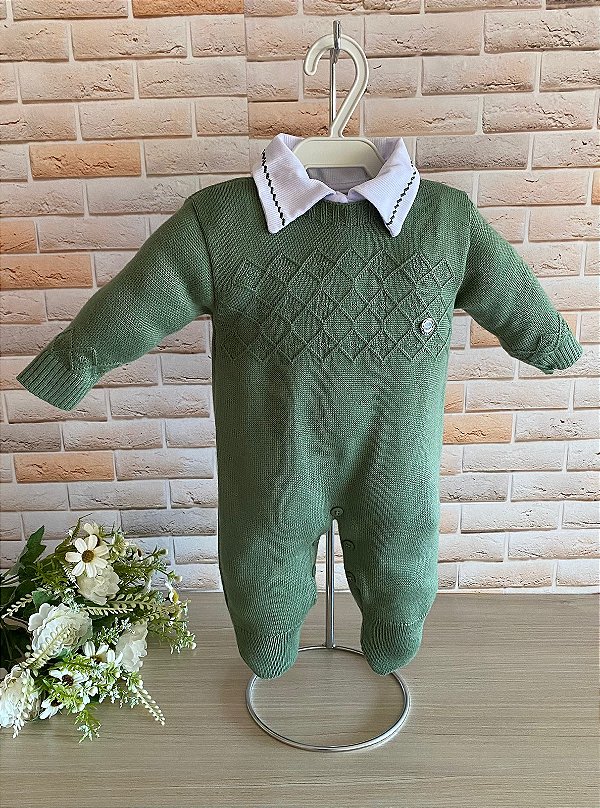 Macacão charles em tricot + body bordado em algodão 2 peças