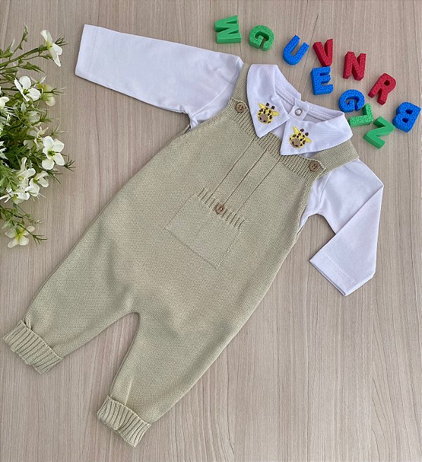 Macacão tricot + body algodão bordado de girafa 2 Peças