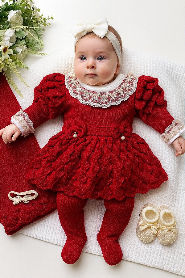 Saída de maternidade de menina vestido bufante em tricot completa
