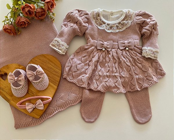 Saída de maternidade de menina vestido bufante em tricot completa
