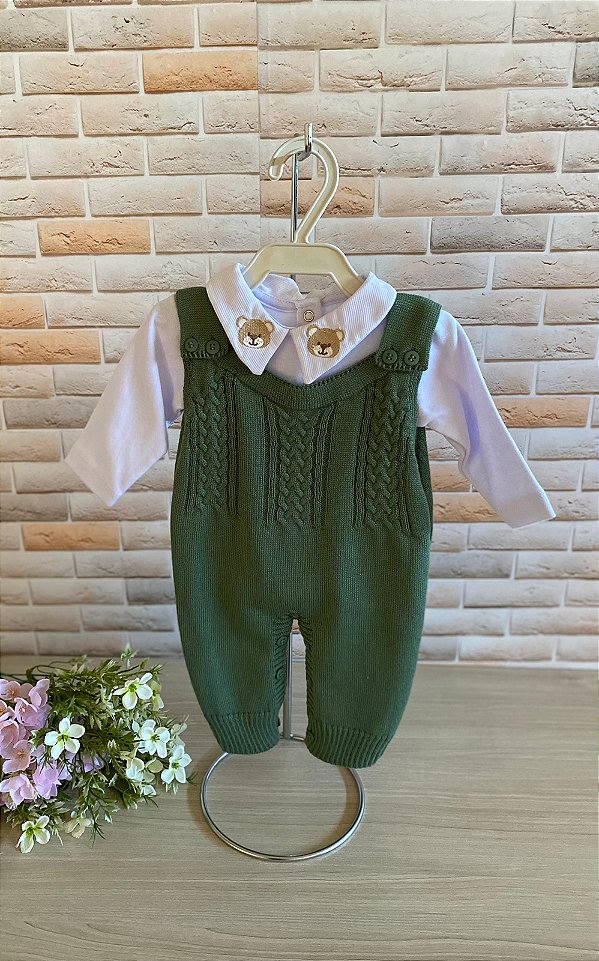 Saída de Maternidade Menino Jardineira Urso Tricot 2 Peças