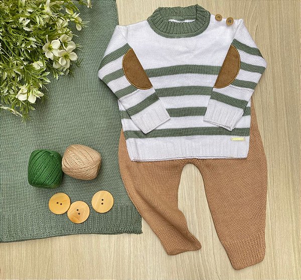 Saída de Maternidade Menino Tricot Listrada - Manta Calça e Cardigã 3 Peças