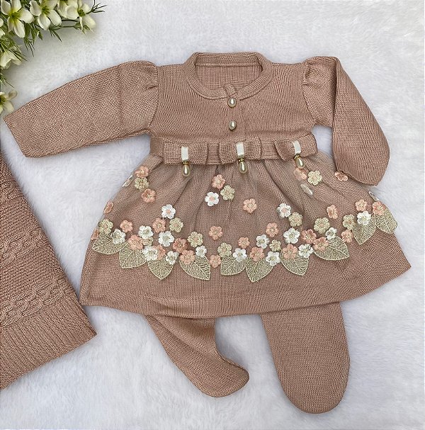 Saída Maternidade de Menina Vestido Renda 3 peças
