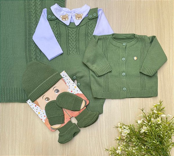 Saída maternidade menino tricot + kit gorro luvas e sapatinhos