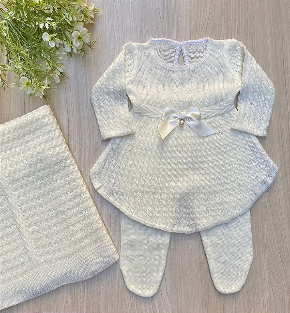 SAÍDA DE MATERNIDADE DE MENINA VESTIDO PLISSADO EM TRICOT 3 PEÇAS