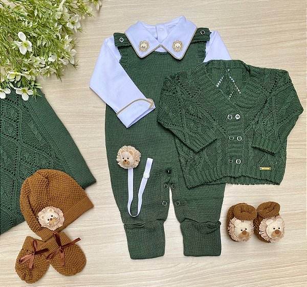 Saída de maternidade de menino 6 botões em tricot completa