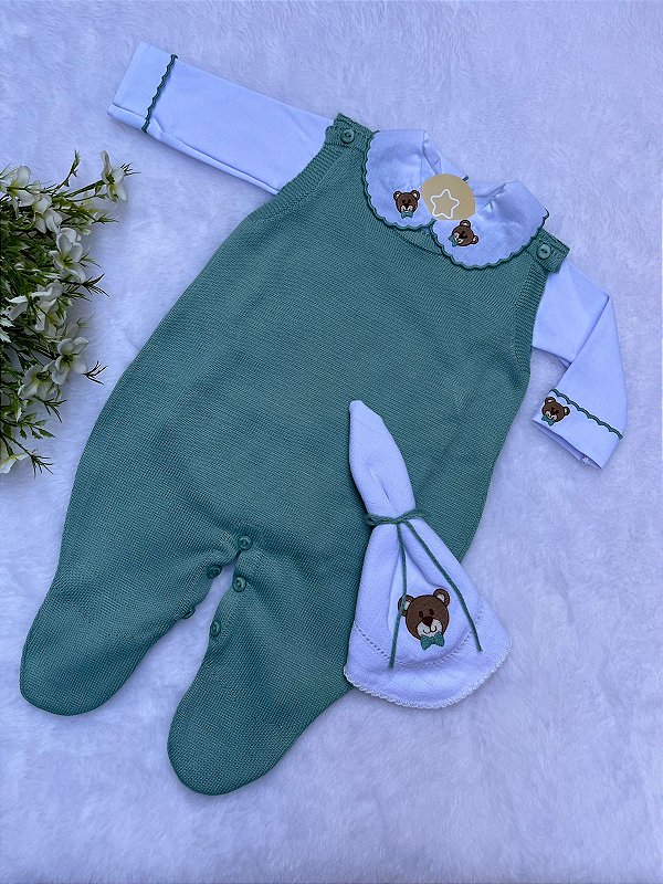 Conjunto de menino macacão menino em tricot Sanches com body bordado + pano de boca