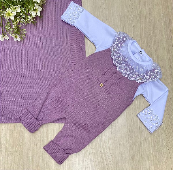 Saída de Maternidade de Menina Maria Clara em tricot com Body de Rendas e Pérolas 3 peças Dinhos Baby