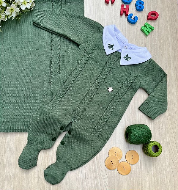 Saída de maternidade Dinhos Baby de menino em tricot macacão Antonio 3 peças