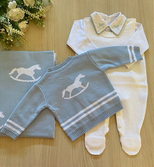 Saída de Maternidade Dinhos Baby Menino Texas Cavalinho Tricot 4 peças