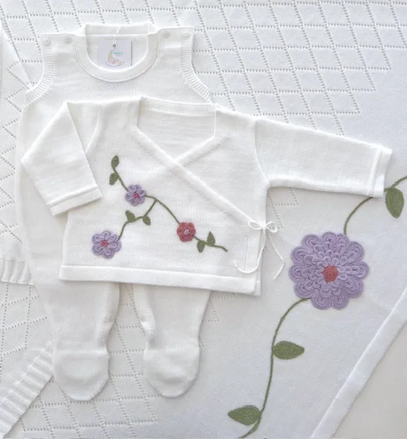 Saída de maternidade Dinhos Baby de menina Kimono em tricot 3 peças