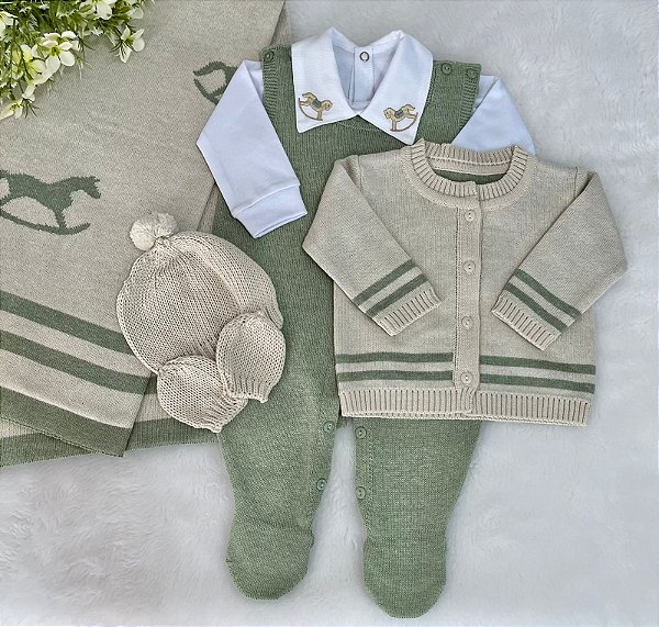 Saída de Maternidade Dinhos Baby Menino Texas Cavalinho Tricot 6 peças