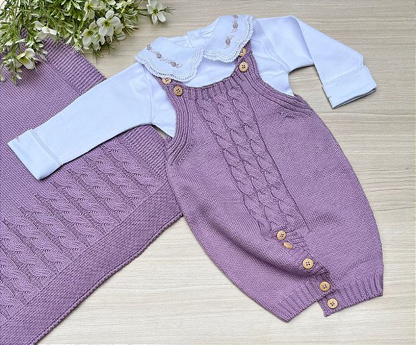 Saída de Maternidade Menina Jardineira Tricot 3 Peças - Dinhos Baby