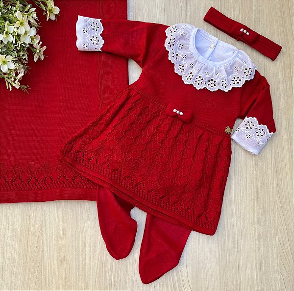 Saída de maternidade Dinhos Baby Nina vestido em tricot 5 peças