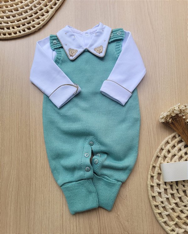 Jardineira macacão vira pé menino tricot 2 peças