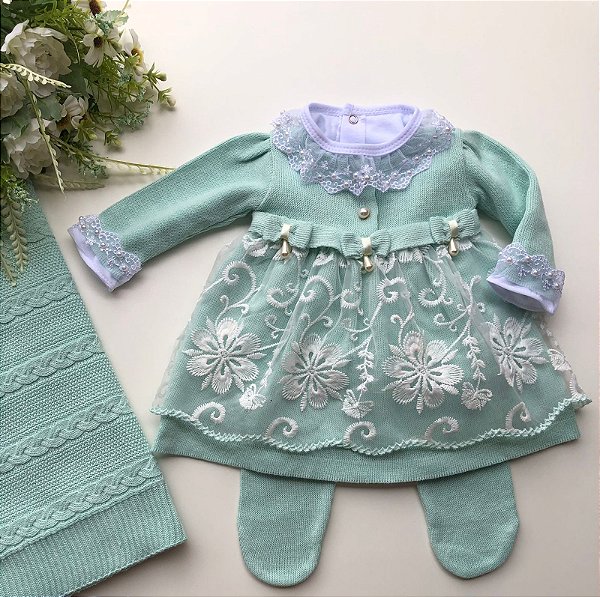 Saída de maternidade de menina vestido verde em tricot com renda
