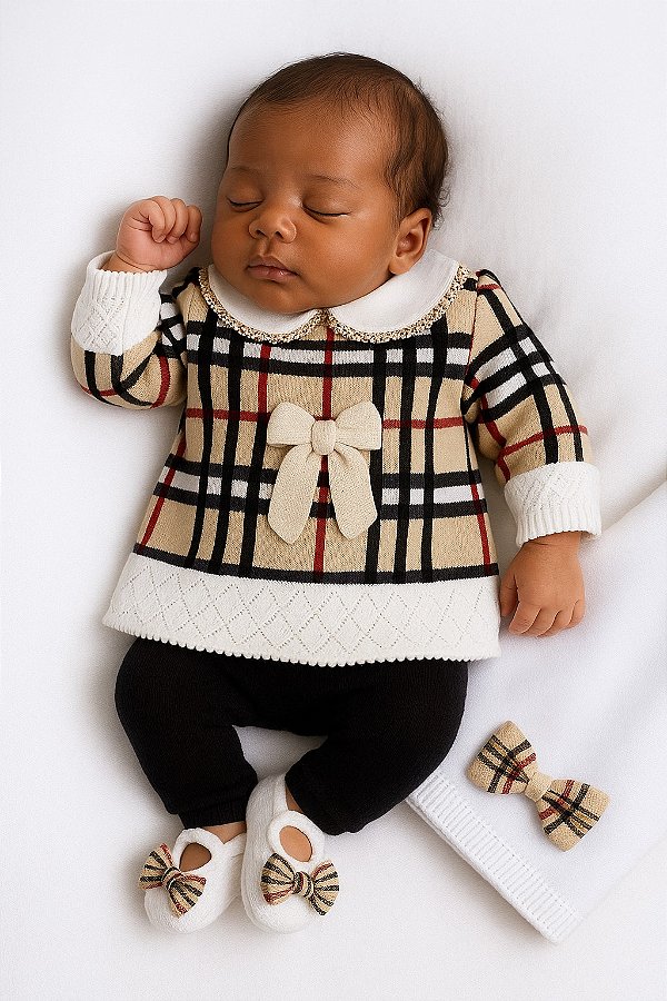 Saída de maternidade de menina vestido em tricot xadrez completa