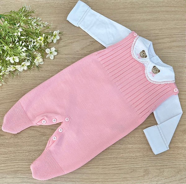 Saída de Maternidade Menina Jardineira Rosa Bebê em Tricot com Gola Bordada de Ursinha