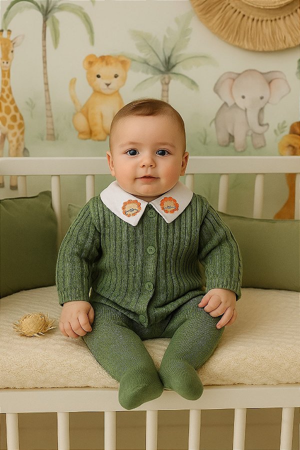 Conjunto Saída de Maternidade Menino Safari em Tricot com Gola Bordada de Leão