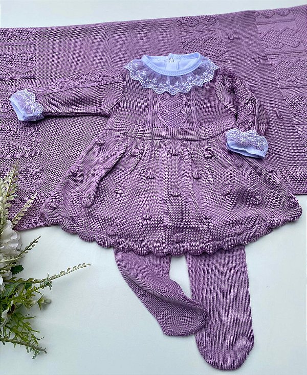 Saída de Maternidade Menina Vestido Londres Tricot 4 Peças