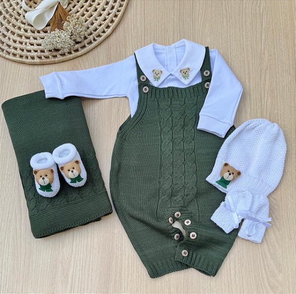 Saída de Maternidade Menino Jardineira Urso Gravata Tricot Completa