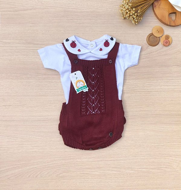 Jardineira Romper Menina Flora Joaninha tricot 2 peças