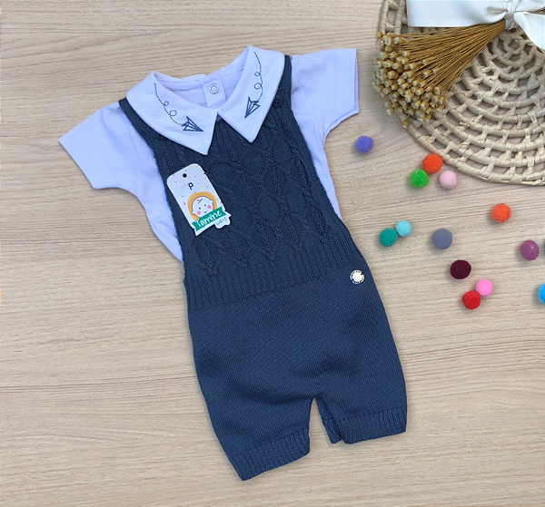 Jardineira Romper Felipe Avião Tricot 2 peças