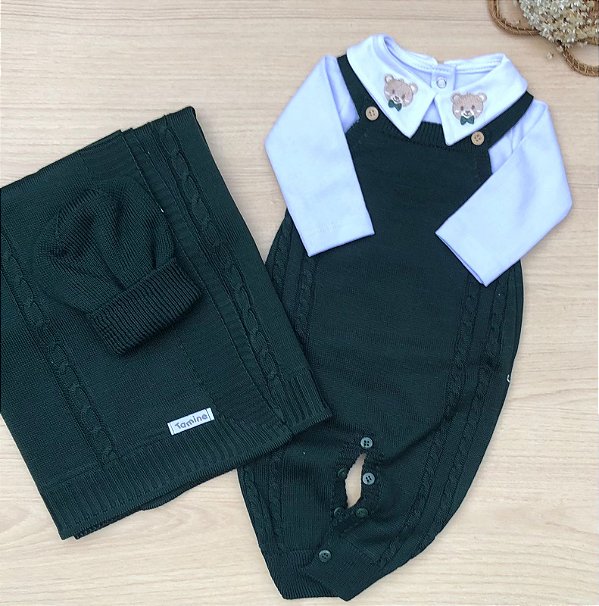 Saída de maternidade menino João Paulo macacão em tricot 4 peças