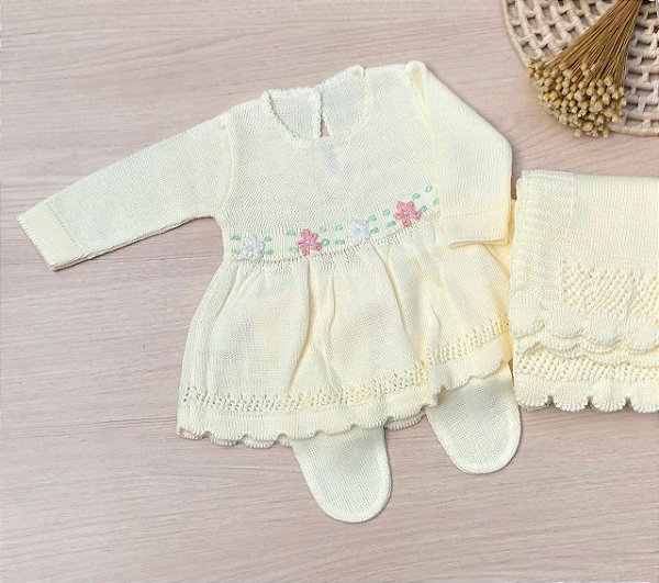 Saída de maternidade menina Vestido Florzinhas em tricot 3 peças