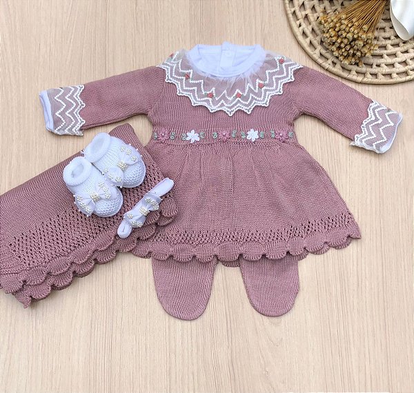 Saída de maternidade menina Vestido Florzinhas em tricot 6 peças