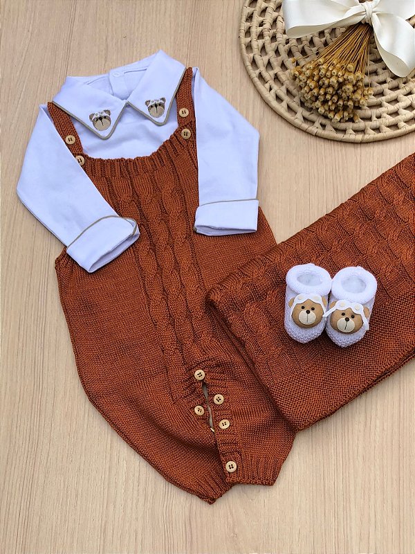 Saída de Maternidade Menino Jardineira Ursinho Aviador Tricot 4 Peças - Dinhos Baby