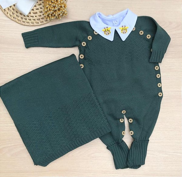 Saída de Maternidade Tricot Luxo com Gola Bordada Girafinha para Bebê 3 Peças