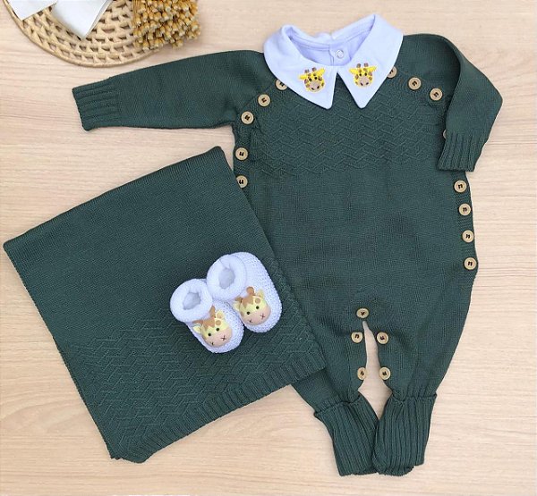 Saída de Maternidade Tricot Luxo com Gola Bordada Girafinha para Bebê 4 Peças