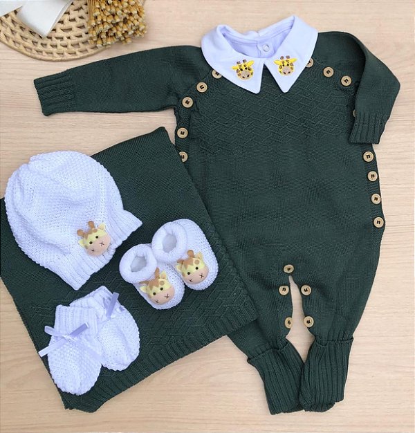 Saída de Maternidade Tricot Luxo com Gola Bordada Girafinha para Bebê 6 Peças