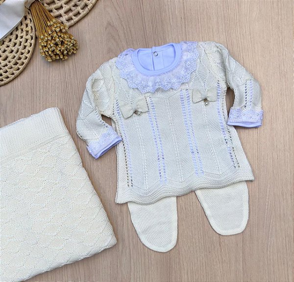 Saída de maternidade vestido menina tricot laços - 4 peças