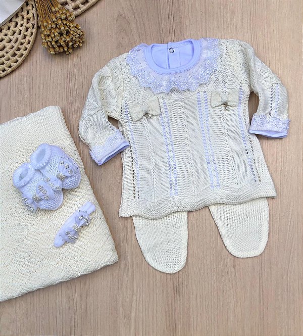 Saída de maternidade vestido menina tricot laços - 6 peças