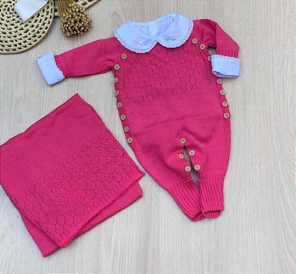 Saída de Maternidade Tricô Rosa de Borboletas Arco Íris 3 Peças