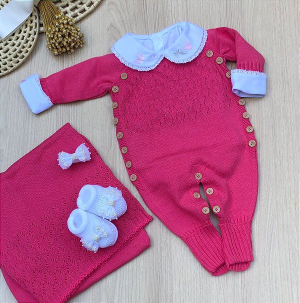 Saída de Maternidade Tricô Rosa de Borboletas Arco Íris 5 Peças