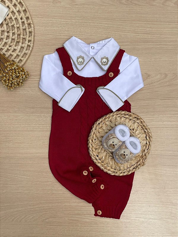 Jardineira Vermelha em Tricot + Body Bordado + Sapatinhos 3 Peças Dinhos Baby
