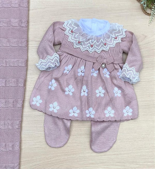 Saida de maternidade menina vestido margarida tricot 4 peças