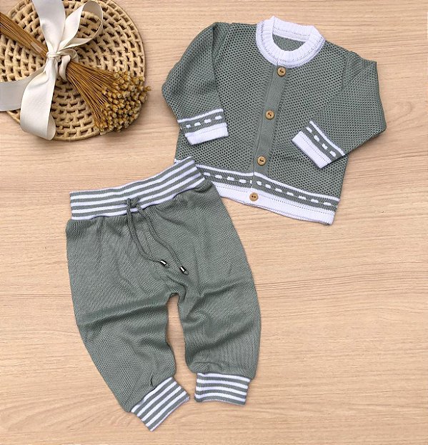 Saída de Maternidade Menino Casaco e Calça para Bebê tricot Conjunto Listras 2 peças