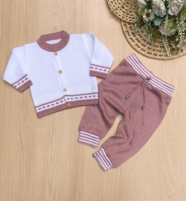 Saída de Maternidade Menina Casaco e Calça para Bebê tricot Conjunto Listras 2 peças