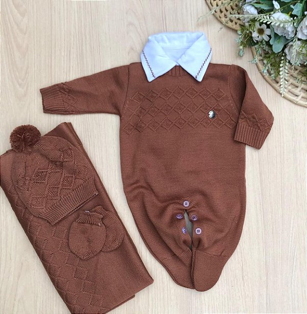 Saída de maternidade Charles menino em tricot macacão 5 peças