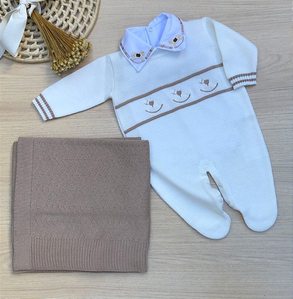 Saída de maternidade menino macacão cavalinho balanço tricot 3 peças