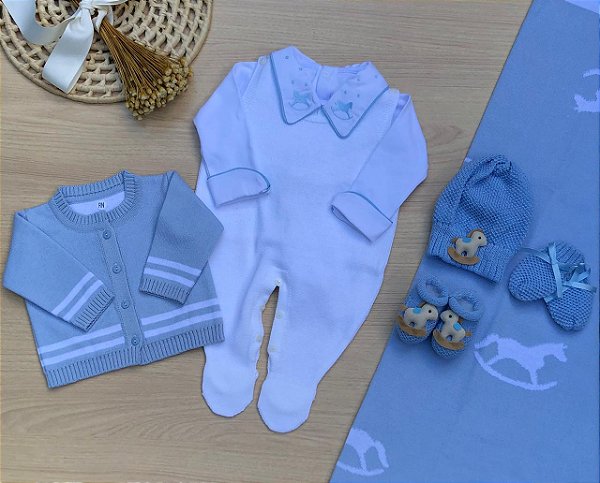 Saída de Maternidade Dinhos Baby Menino Texas Cavalinho Tricot 7 peças