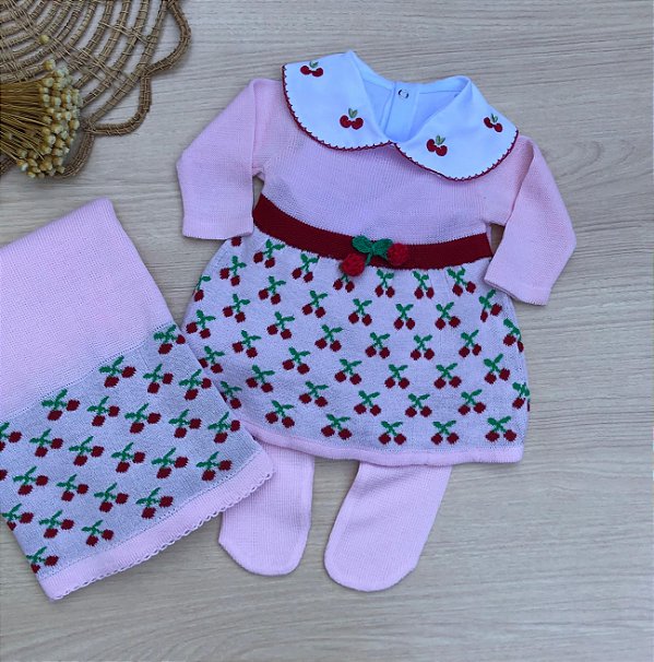Saída de Maternidade Cherry Menina Cerejinhas Tricot Rosa 4 peças