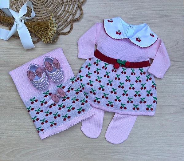 Saída de Maternidade Cherry Menina Cerejinhas Tricot Rosa 6 peças