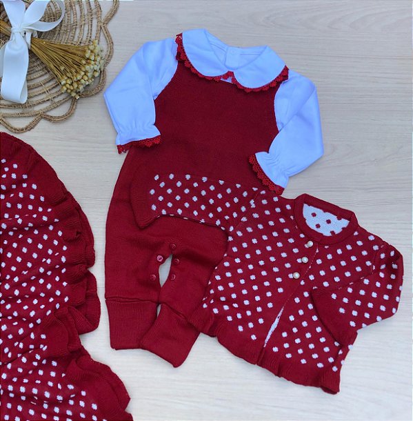 Saída de Maternidade Bolinhas 4 Peças Conjunto Tricot com Casaco, Manta e Body