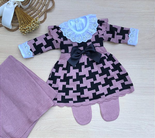 Saída de Maternidade Amélie 4 Peças Vestido em Tricot com Laço