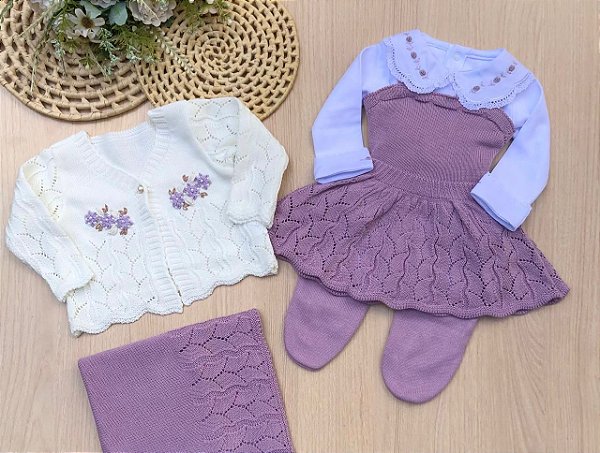 Saída de Maternidade Lavanda Garden 5 Peças Vestido em Tricot